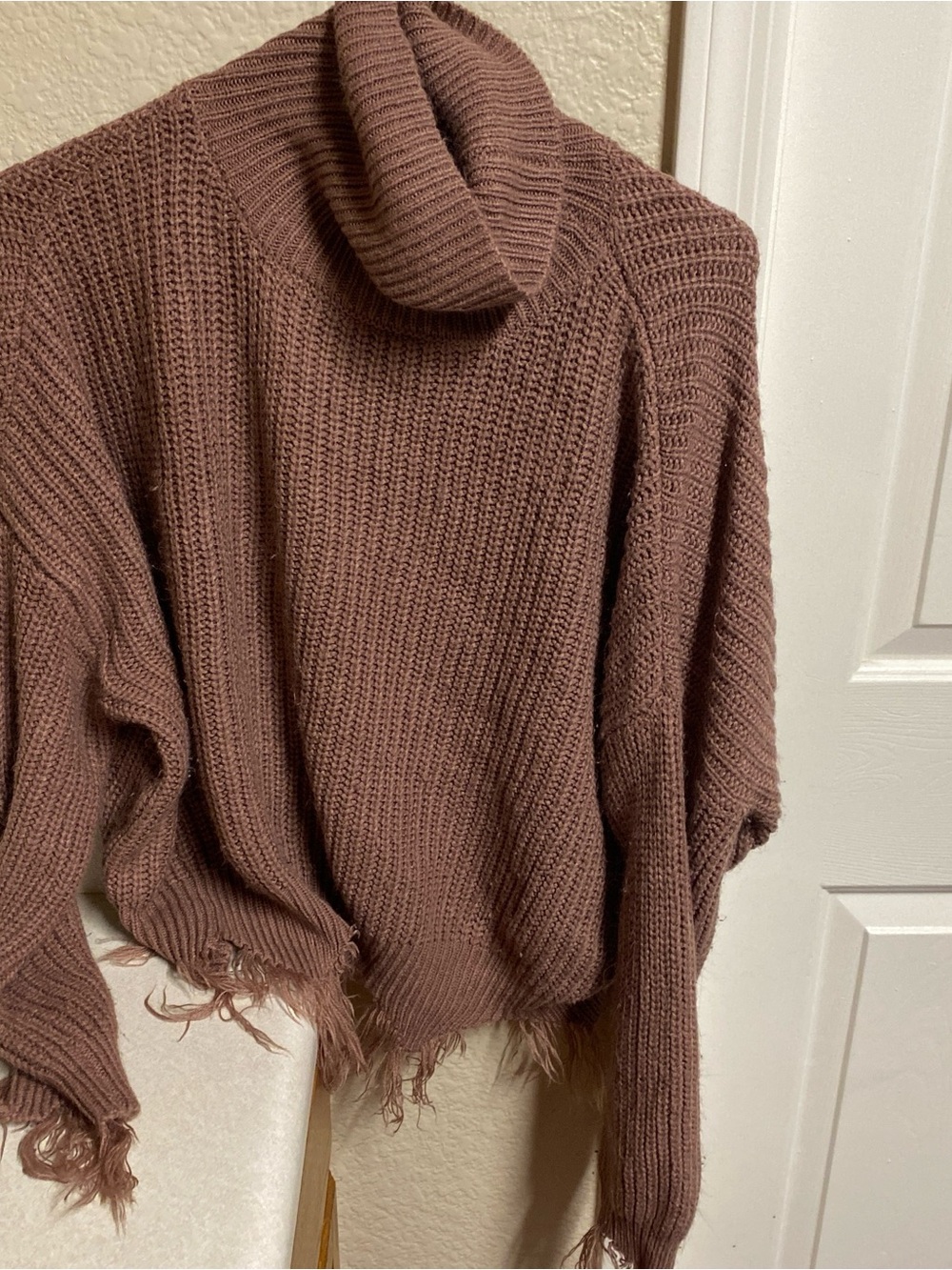 Women's Distressed Turtleneck Sweater in Rust Brown